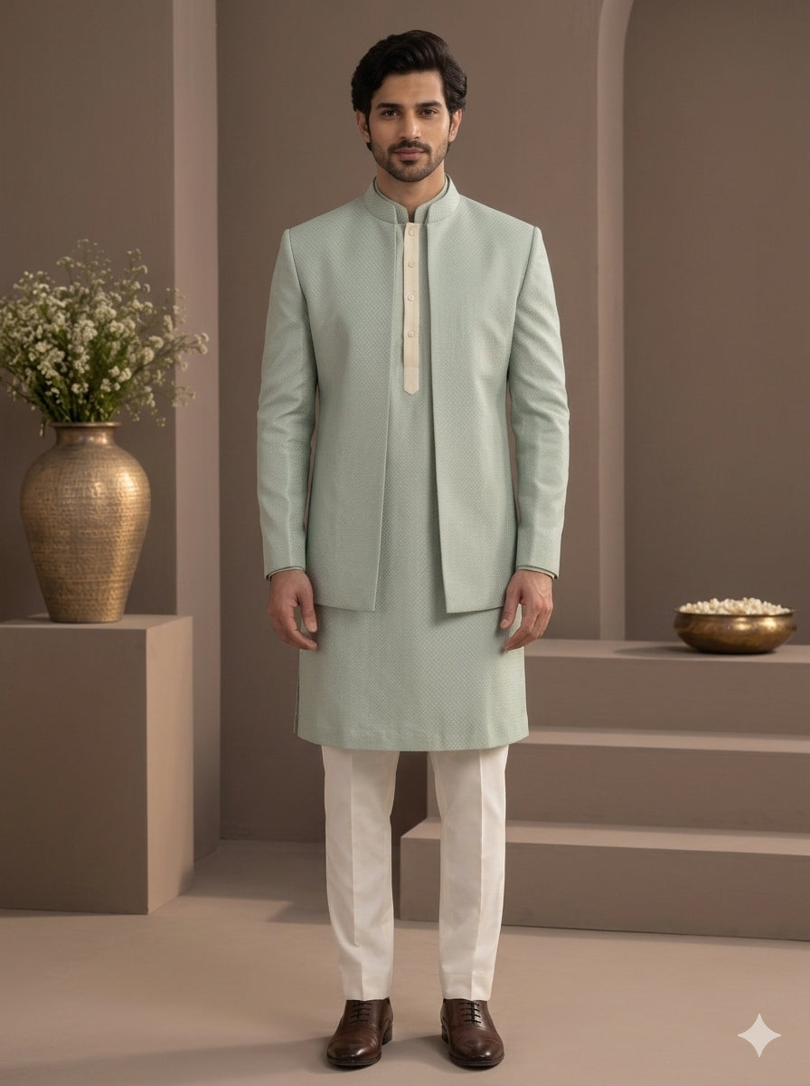 Formal Indo-western set in Mint Sage Colour